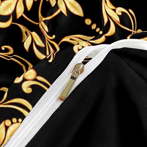 Golden Scrolls Print Duvet Cover and Pillow Shams Gold Leaves Deco for Girls and Boys Bedding Set Twin Size Black Color Bed Sets