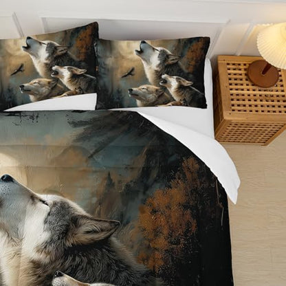 Wolf Comforter Set Queen for Kids Boys Girls,Howling Wolves Comforter Set,Eagle and Wolf Night Moon Forest Bedding Set, Wild Animals Quilt Set for Bedroom Decor,All Seasons