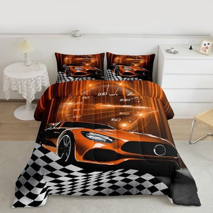 Erosebridal Orange Race Car Comforter Set for Teen Boys,Glitter Ombre Line Art Bedding Set Neon Light Sports Car Dashboard Quilt Full,Black and White Grid Lattice Buffalo Plaid Decor