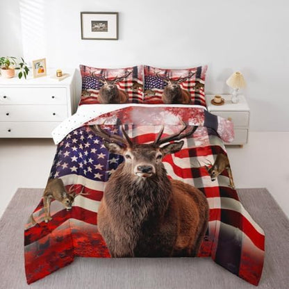 American Flag Comforter Set, Cute Deer Down Comforter Queen For Kids Boys Teens, United States Bedding Set Usa Federations Stars Duvet Sets Geometric Stripes Bedroom Decor With 2 Pillowcases