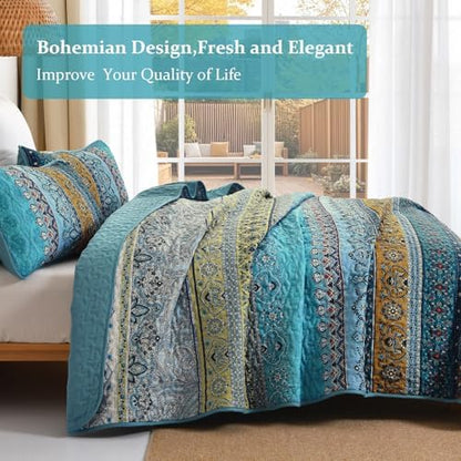 WONGS BEDDING Bohemian Queen Size,3 Pieces Soft Blue Bedspread Set