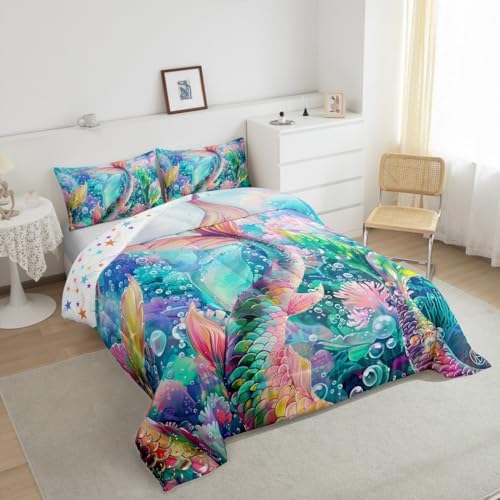 Mermaid Comforter Set King Size 3 Piece Colorful Mermaid Tail Pattern Bedding Set for Girls Kids Home Decor,Ocean Animal Reversible All Season Quilt Underwater World Theme Duvet with 2 Pillowcases