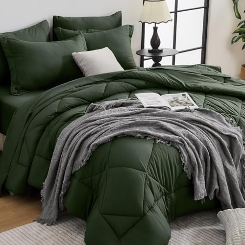 HEVUMYI 7-Piece Oversized King Comforter Set, Dark Green Bed in a Bag