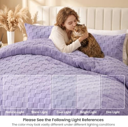 Love's cabin Fleece King Comforter Set, Fluffy Reversible Bedding, Lavender