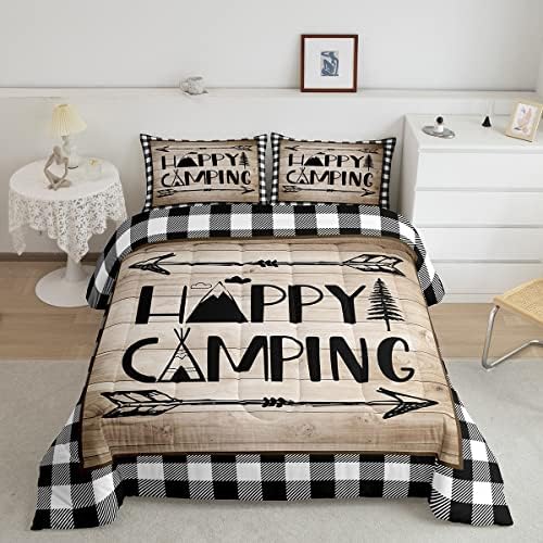 Manfei Happy Camping Trip Comforter Set Twin,RV Trailer Car Bedding Set 2pcs for Kids Youths Boys Girls Room Decor,Arrow Plaid Boho Quilt Set,Vintage Rustic Brown Duvet Insert with 1 Pillowcase