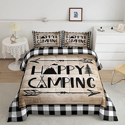 Manfei Happy Camping Trip Comforter Set Twin,RV Trailer Car Bedding Set 2pcs for Kids Youths Boys Girls Room Decor,Arrow Plaid Boho Quilt Set,Vintage Rustic Brown Duvet Insert with 1 Pillowcase