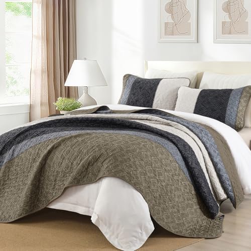 Cottolester Boho Quilt Set Queen,Black Taupe Striped Plaid Coverlet Set