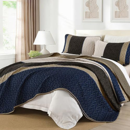 Cottolester Quilt Set Queen,Brown Blue Striped Plaid Bedspread Coverlet Set