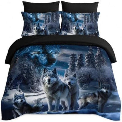 AILONEN Boys Snow Wolf Comforter Set Full 7-Piece Bed in a Bag - Printed Bedding Set for Kids Adults, Safari Animal Comforter, Fitted Sheet, Flat Sheet, 2 Pillowcases, 2 Pillow Shams - Black