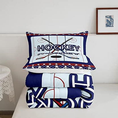 Homewish Ice Hockey Full Size Comforter Set,Ice Hockey Sticks Bedding Set for Adults Teens,Children Winter Sports Comforter Luxury Navy and Red Quilt Set Room Decor 3Pcs