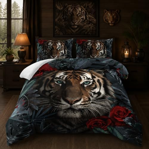 Nttopship Tiger Comforter Set Queen Size，Red Rose Flower Comforter Set for Kids,Wild Animal Printed Comforter Sets，Kids Room Decor with 1 Comforter with 2 Pillow Case