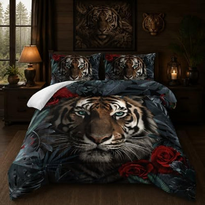 Nttopship Tiger Comforter Set Queen Size，Red Rose Flower Comforter Set for Kids,Wild Animal Printed Comforter Sets，Kids Room Decor with 1 Comforter with 2 Pillow Case