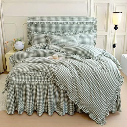 mixinni Vintage Green Gingham Ruffle Comforter Set 3-Piece Washed Cotton Queen Size Grid Bedding Set with Geometric Checkered Pattern, Farmhouse Chic Soft Fluffy Comforter for All-Season