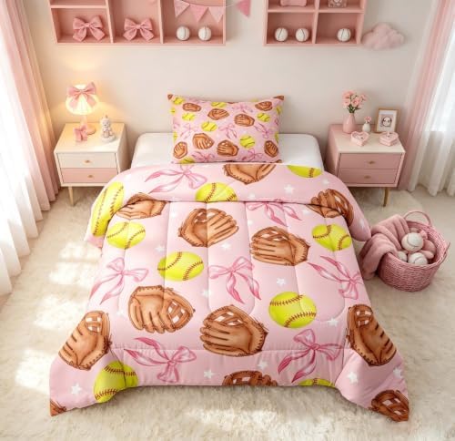 Cartoon Baseball Comforter Set Toddler Size,Pink Silk Bow Print Bedding Sets 2Pcs for Kids Girls Boys Room Decor,Coquette Little Star Quilted Duvet Brown Baseball Gloves Down Comforter,1 Pillowcase