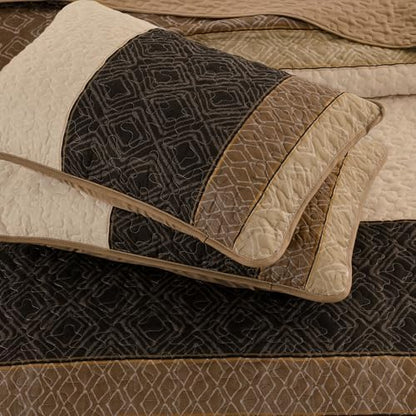 Cottolester Light Brown Full Quilt Set,3 Pcs Boho Striped Plaid Bedspread
