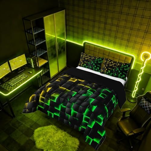 Erosebridal Geometric Checkered Comforter Set Toddler Neon Yellow Green Bedding Set for Kids Boys Teen Gamer Room Decor,Abstract Ombre Plaid Comforter Grids Quilt Duvet Black
