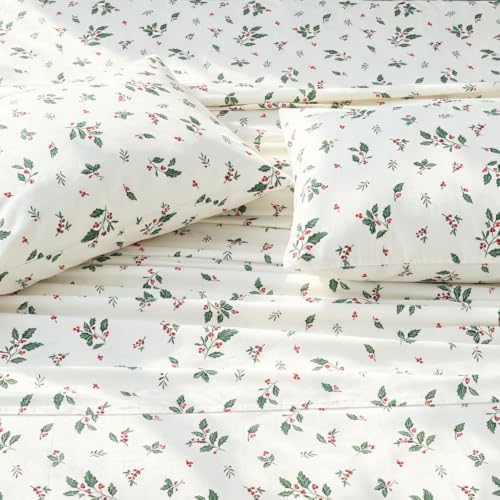 DAUAOTO Queen Size Cotton Sheets Set Printed Christmas Bedding, Up to 14" Deep Mattress, Bedlinen Sets Holly Berries Pattern