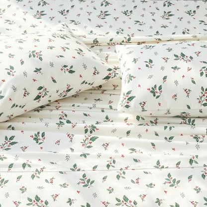 DAUAOTO Christmas Cotton Sheets Set Twin XL Printed Bedding Sets, Up to 14" Deep Mattress, Holly Berries Pattern Bedlinen for Twin Extra Long Bed Green