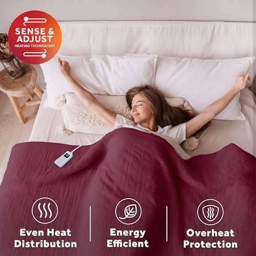 Sunbeam Royal Luxe Microplush Heated Blanket Throw Burgundy Twin 84x62