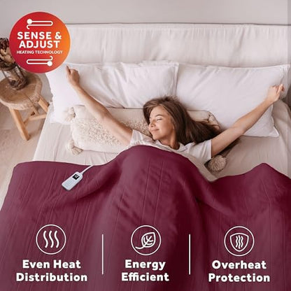 Sunbeam Royal Luxe Microplush Heated Blanket Throw Burgundy Twin 84x62