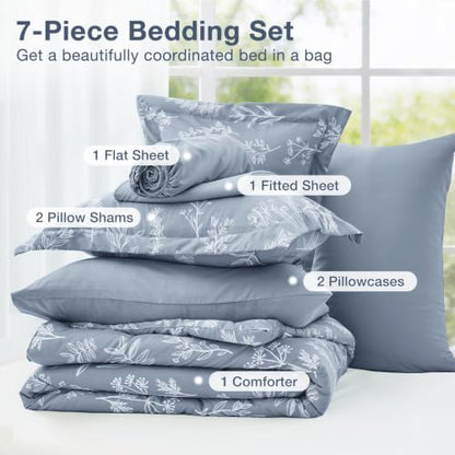 MUXHOMO Light Grey King Comforter Set, Elegant Floral Print Bed in a Bag 7 Pieces, Ultra Soft & Breathable Reversible Botanical Pattern Bedding Set with Comforter, Sheets, Pillowcases, and Shams