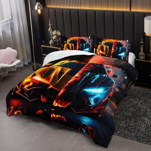 Boys Comforter Set Twin Size Race Car，Kids Twin Size Blue and Red Race Car Bedding Set，Race Car Quilt Twin with 1 Comforter with 2 Pillow Case，Kids Race Car Themed Bedroom Decor for Boys