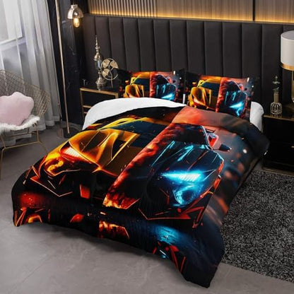 Boys Comforter Set Twin Size Race Car，Kids Twin Size Blue and Red Race Car Bedding Set，Race Car Quilt Twin with 1 Comforter with 2 Pillow Case，Kids Race Car Themed Bedroom Decor for Boys