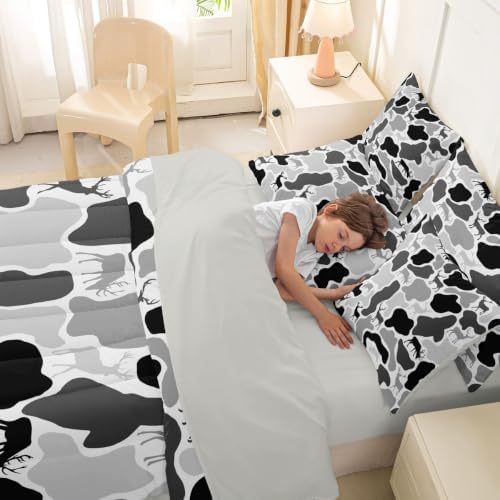 Erosebridal Camo Bed in A Bag 7 Pcs Wild Hunting Deer Comforter Set for Kids Boys Girls Vintage Grey Black Bedding Sets Full Wildlife Camouflage Sheet Set with Comforter