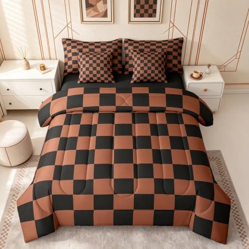 Feelyou Checkered 7 Piece Bedding Set Teen Brown Black Plaid Comforter Set with Sheets Twin Size Kids Boys Cute Retro Neutral Checkerboard Geometric Bed in a Bag Vintage Aesthetic Room Decor