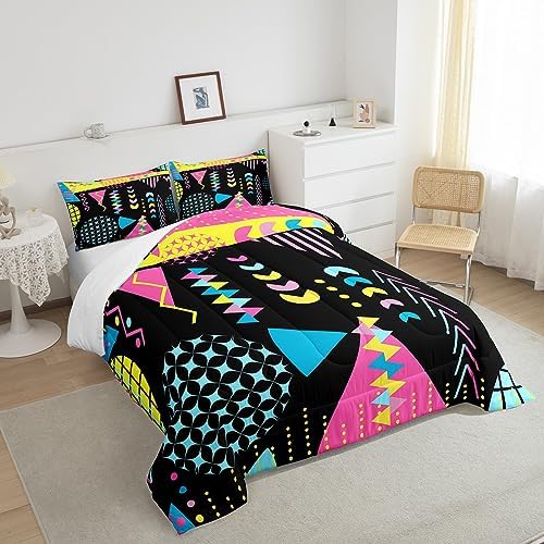Manfei Memphis Comforter Set Twin Size, Retro 80s 90s Fashion Style Bedding Set 2pcs for Kids Boys Girls, Colorful Geometric Abstract Quilt Set Soft Polyester Duvet Set with 1 Pillowcase