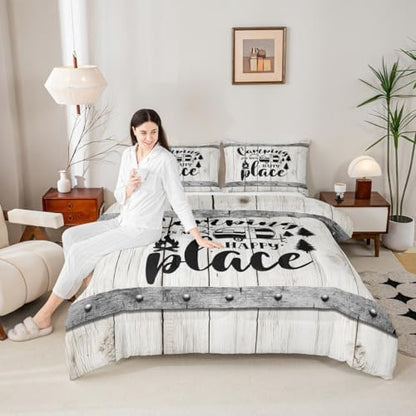 Happy Camping Comforter Set Twin Size,Wooden Plank Pine Trees Rustic Farmhouse Bedding Set 2pcs for Kids Boys Girls Adults,Camper RV Trailer Decor Down Comforter,Retro Duvet Insert,1 Pillowcase