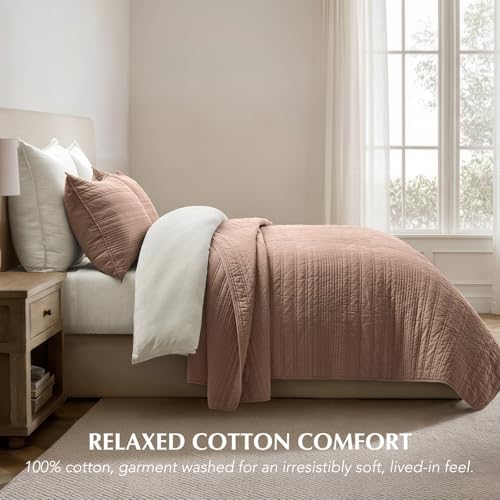 EVERGRACEHOME 100% Cotton Modern Lines Quilt Set Queen Size, Rose Dust