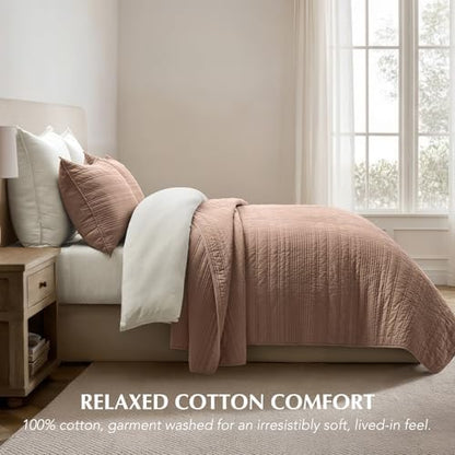 EVERGRACEHOME 100% Cotton Modern Lines Quilt Set Queen Size, Rose Dust
