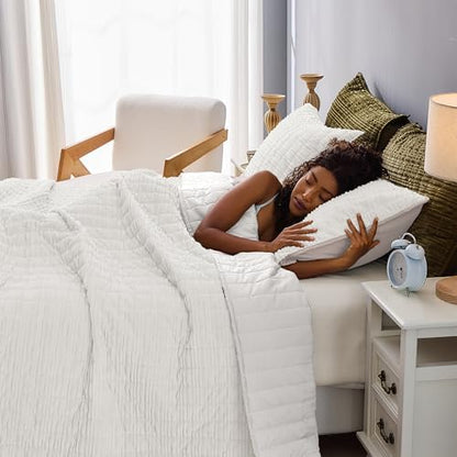Wonderful Corduroy Texture Ivory Quilt Set Queen - Hypoallergenic Skin-Friendly Soft Plush Velvety Touch Bedspread, Classic Vertical Striped Lightweight Coverlet for All Season, 68“x86