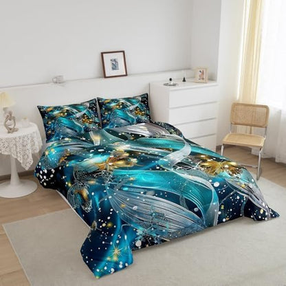 jejeloiu Teal Blue Butterfly Comforter Set Toddler Size Kids Butterfly Stripe Bedding Set for Boys Girls Teens Glitter Duvet Breathable Animal Quilt Bedroom Decor,1 Comforter with 1 Pillowcase