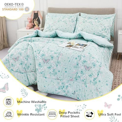 Viviland Kids Twin Bedding Sets, Girls Comforter, Green Butterfly