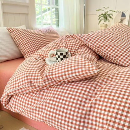 LifeTB Gingham Comforter Set Full Modern Style Red Orange Grid Plaid Comforter Soft Fluffy 3 Pieces Checkered Pattern Comforter Set Farmhouse Orange Gingham Bedding Comforter with 2 Pillowcases