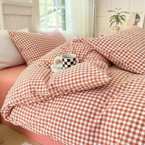 LifeTB Twin XL Comforter Set Red Orange Gingham Comforter with 2 Pillowcases Modern Style Grid Plaid Comforter Set Fluffy Soft Lightweight Gingham Bedding Set Fluffy Checkered Comforter Twin XL