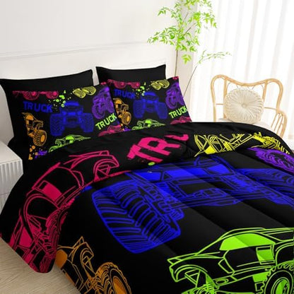QOOMO Black Truck 7 Pieces Comforter Set Queen,Cars Bedding Set for Kids