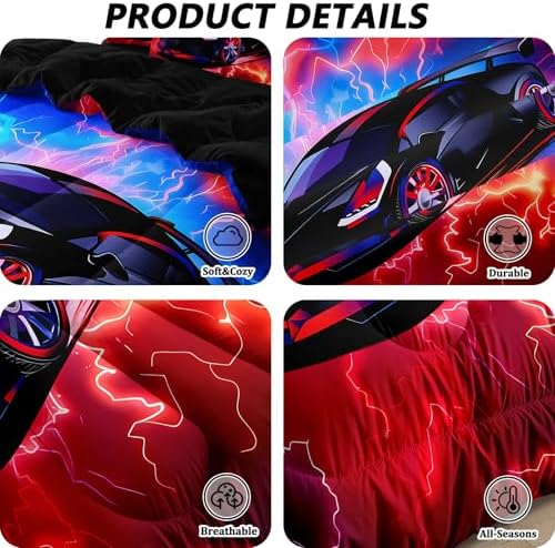 5 Pcs Car Comforter Sets for Boys, Cool Blue Red Lightnings Bed in A Bag Full Size Car Bedding Set for Boys Teens