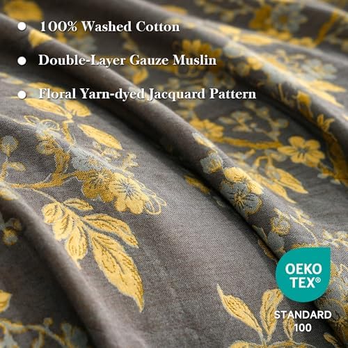 Simple&Opulence Muslin Duvet Cover Set Queen Size, 100% Washed Cotton 3 Pieces Yarn-Dyed Vintage Grey Floral Jacquard Textured Bedding, Soft & Breathable Gauze Comforter Cover with Zipper Closure