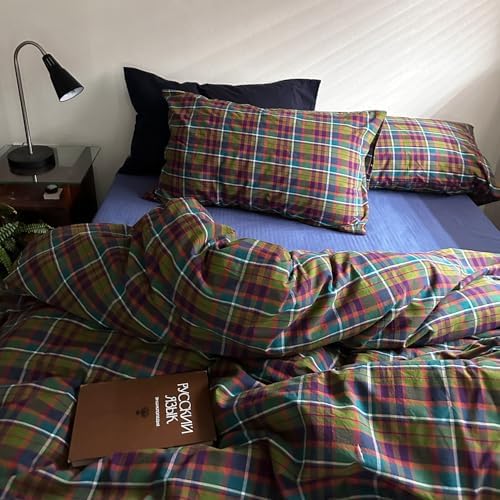 mixinni Vintage Multicolor Gingham Comforter Set King Size - 100% Washed Cotton 3-Piece Retro Plaid Pattern Bedding Set (1 Comforter + 2 Pillowcases), All-Season Lightweight & Breathable