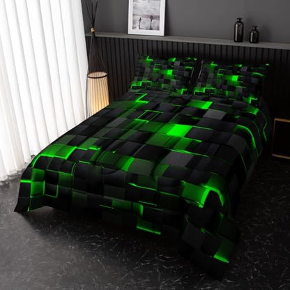 Nttopship Neon Green Black Comforter Set Full Geometric Kids Bedding Set,3 PCS Geometry Honeycomb Bed Set Modern Quilt Set 1 Comforter 2 Pillow Cases Cool Room Decor All Season B-Side Black