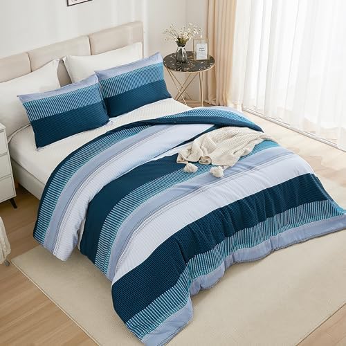 Litanika Navy Blue King Size Comforter Set - 3 Pieces Stripe Bed Set