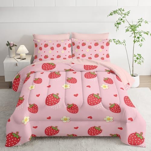 Nttopship Cute Strawberry Twin Comforter Set,Light Cute Pink Strawberry Bedding Set 7 Piece in A Bag,Bed Sheet Set Cute Strawberries and Flowers Decor,Microfiber Lightweight All Season