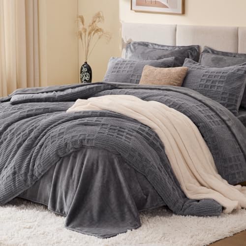 EXQ Home Waffle Comforter Set King Size, 3 Pieces Bed Set,Grey
