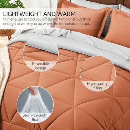 BEDELITE Twin Comforter Set 5 Pieces, Reversible Burnt Orange Bed in A Bag