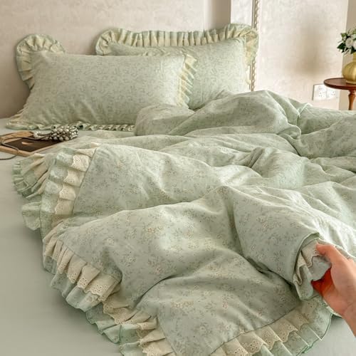 VM VOUGEMARKET Ruffle Duvet Cover Set Twin,Vintage Sage Green Floral Duvet Cover with Romantic Ruffles,Double-Layer Gauze Cotton Bedding Set,Comfy,Breathable & Lightweight for Teen Girls-68 x86