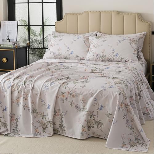 FADFAY Twin XL Size Percale Cotton Sheets Set for College – 4 Pieces Vintage Botanical Floral & Butterfly Pattern Bedding, Crisp, Soft & Breathable, Deep Pocket Fitted Sheet