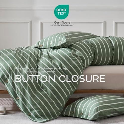 JELLYMONI Cotton Duvet Cover Queen Size - Green Striped Comforter Cover with Button 100% Washed Cotton 3PCS Breathable Soft Solid Bedding Set Duvet Cover 90×90in & 2 Pillowcases (NO Comforter)